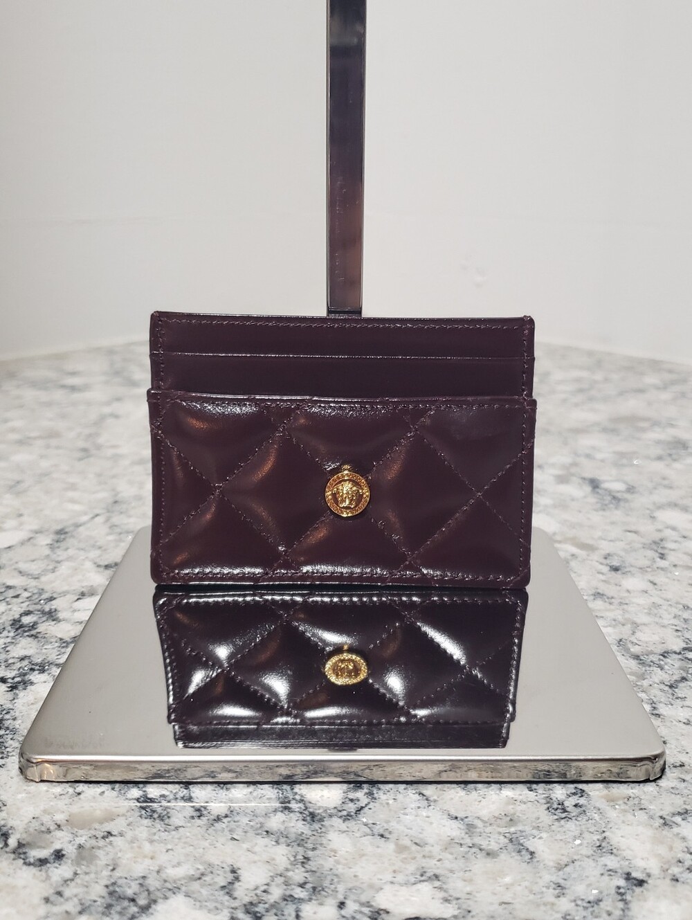 Versace Burgundy Quilted Leather Gold Medusa Card Case Holder NIB